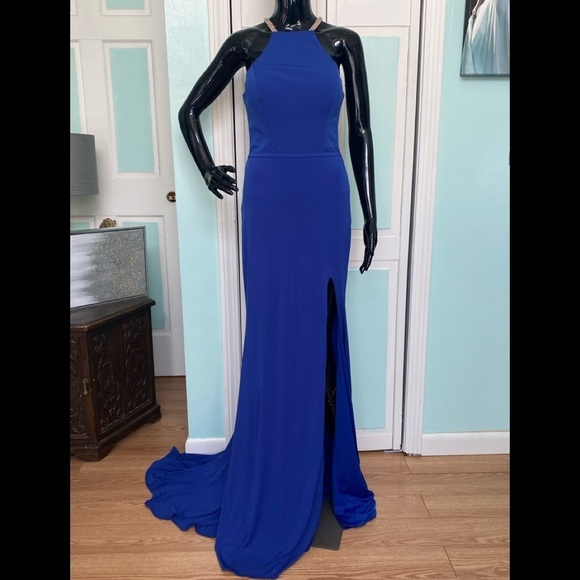 Size 8 Sapphire Royal Blue La Femme Prom Gown Dress Jersey slitNWT